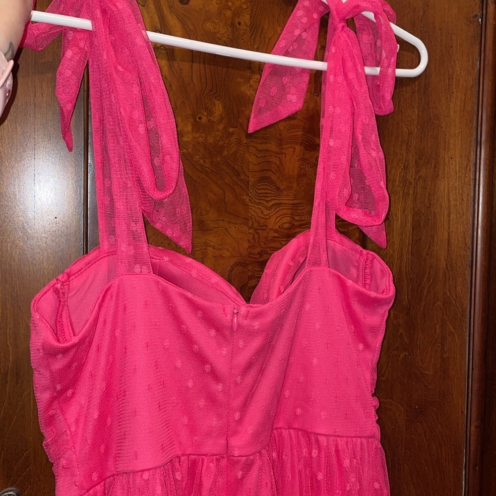 Hot Pink Tie-Shoulder Tulle Midi Dress - Picture 4 of 4